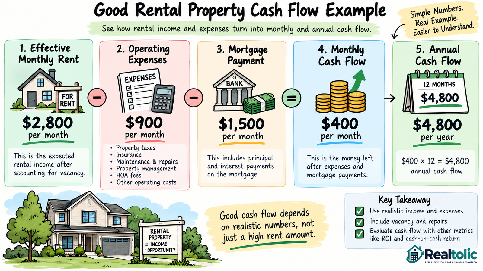 Good cash flow on rental property example showing monthly rent, operating expenses, mortgage payment and annual cash flow