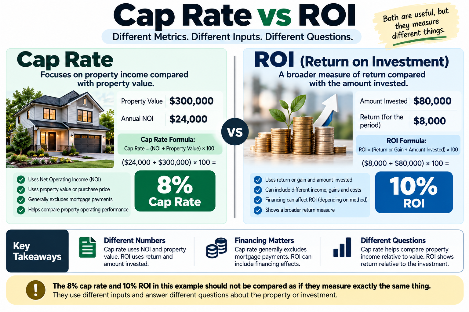 Cap rate vs ROI comparison for rental property