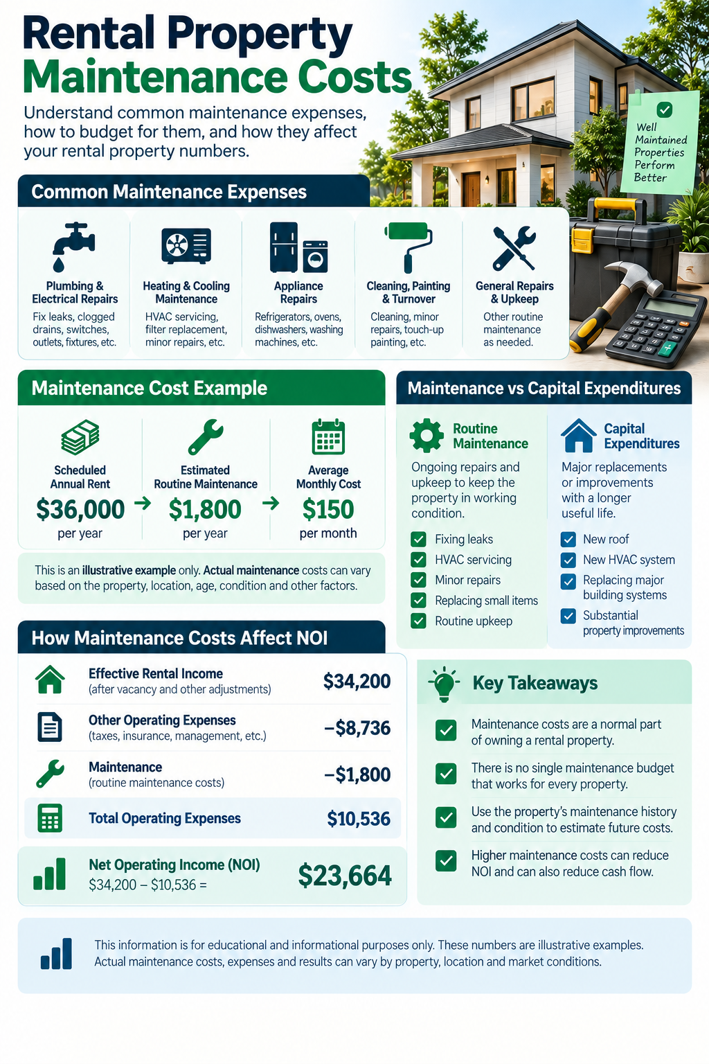 Rental property maintenance costs and NOI example.