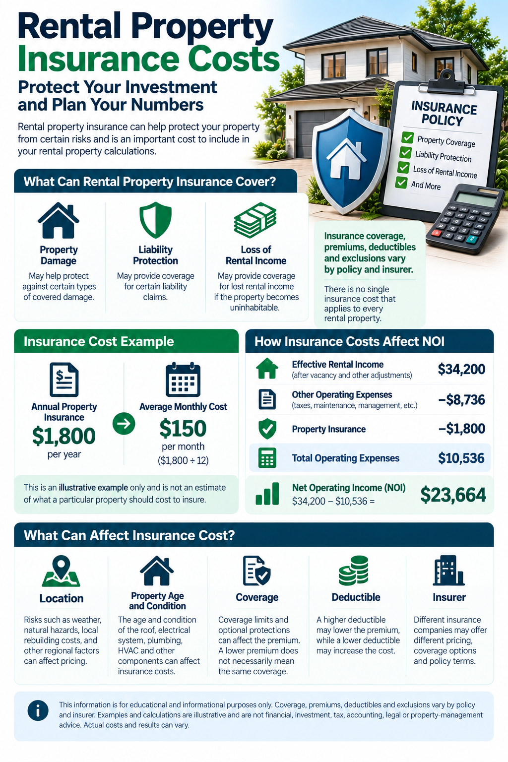 Rental property insurance costs and NOI example.