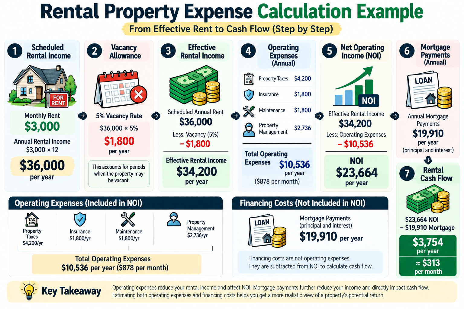 Rental property expense calculation showing operating expenses, NOI, mortgage payments, and monthly cash flow