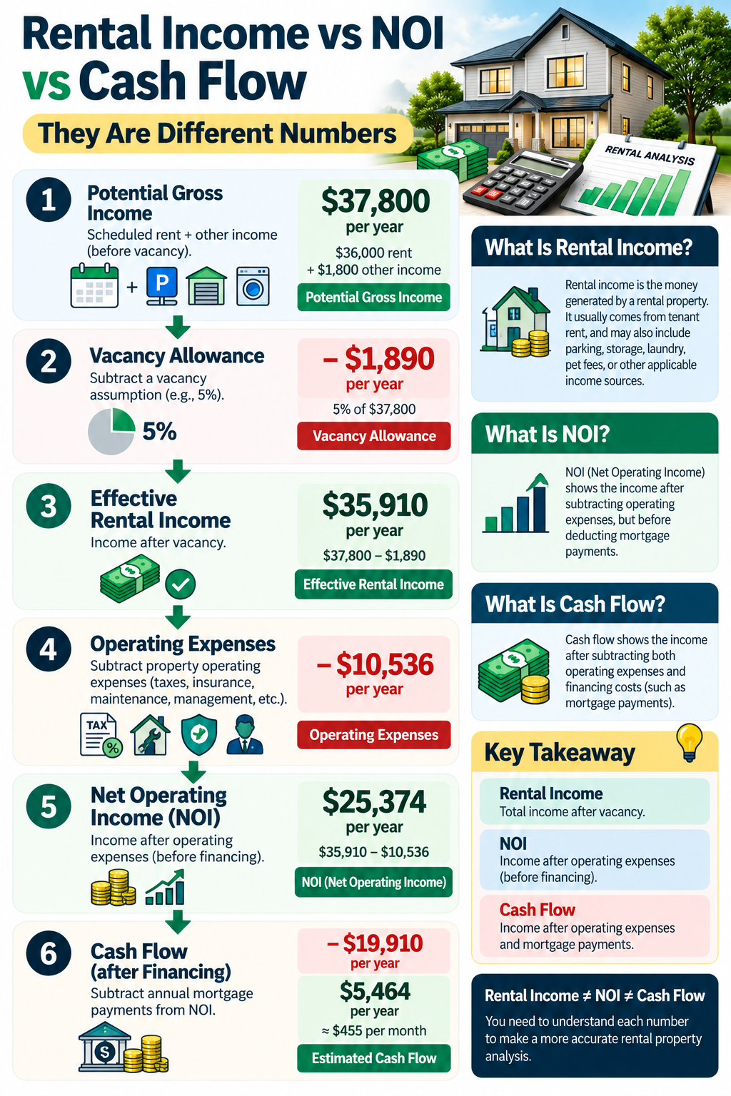 Rental income vs NOI vs cash flow example showing vacancy, operating expenses and financing costs