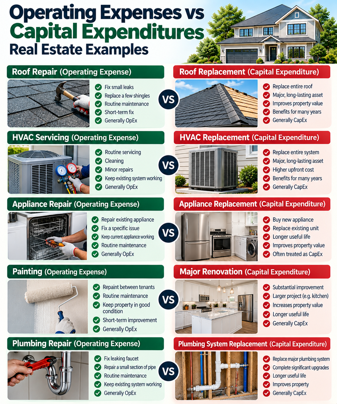 Operating expenses vs capital expenditures in real estate with repair and replacement examples.