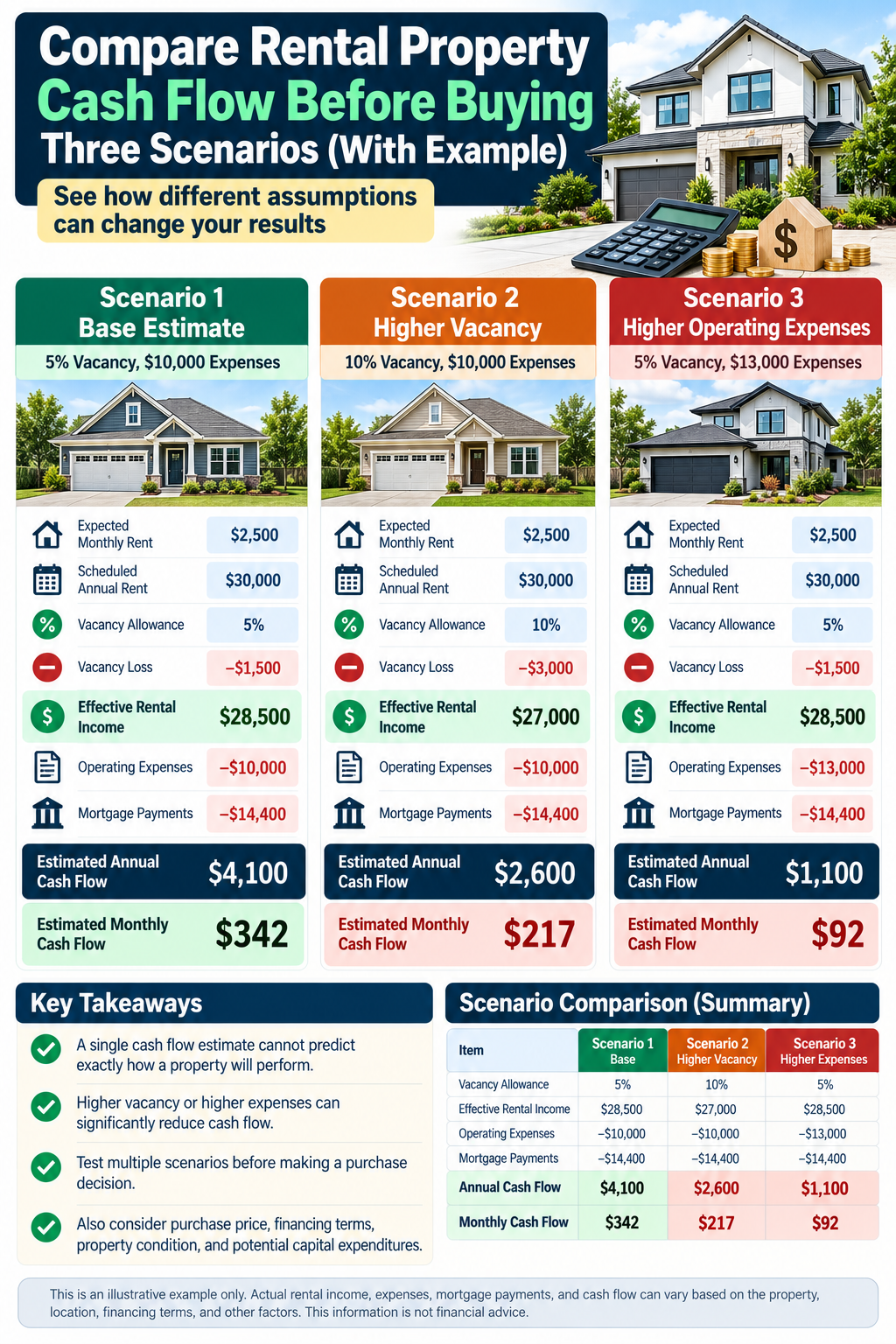 Rental property cash flow comparison before buying with three vacancy and expense scenarios.
