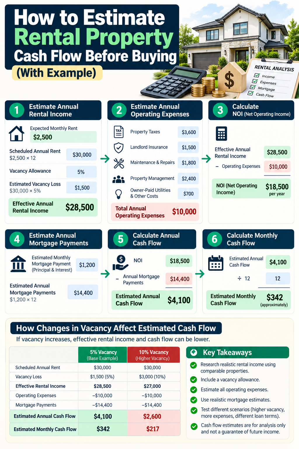 How to estimate rental property cash flow before buying with income expenses and mortgage example.