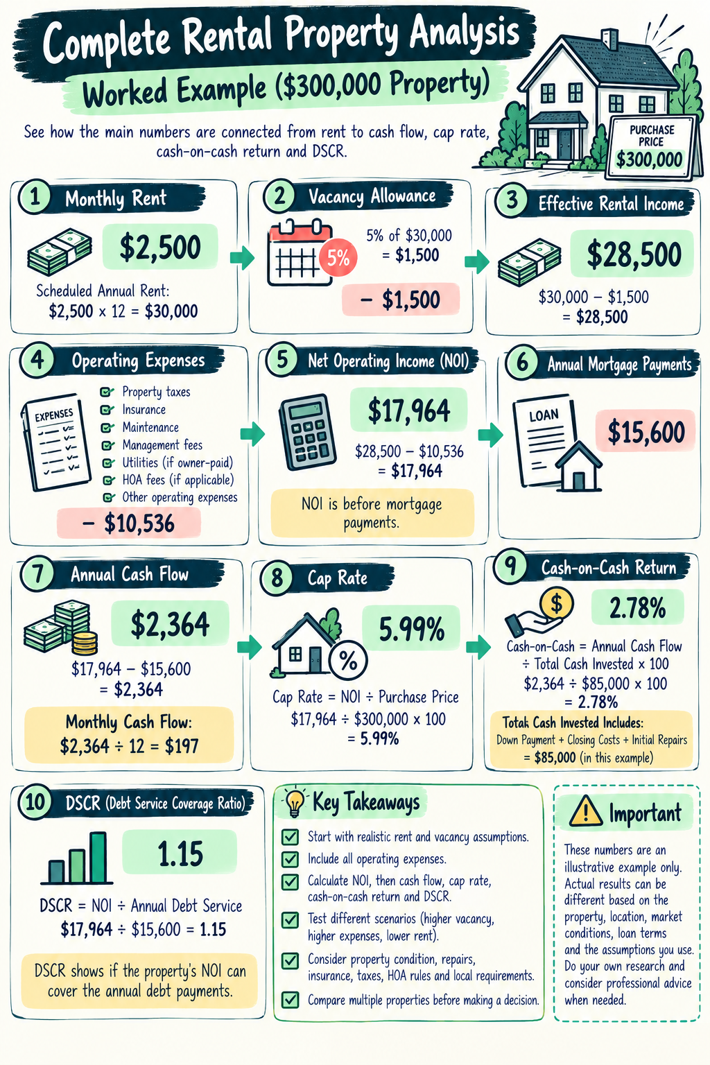 Complete rental property analysis example showing rent, vacancy, operating expenses, NOI, cash flow, cap rate, cash-on-cash return and DSCR