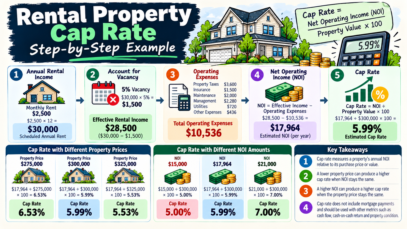 How to calculate cap rate on a rental property using rental income, vacancy, operating expenses, NOI and property value