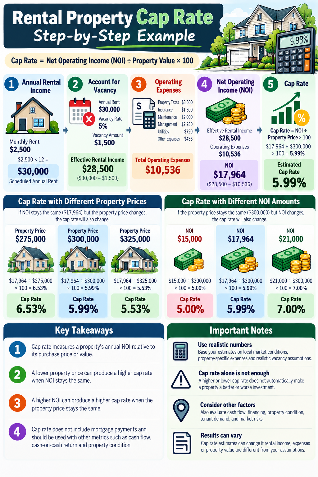 Rental property cap rate example showing rental income, vacancy, operating expenses, NOI and cap rate calculations