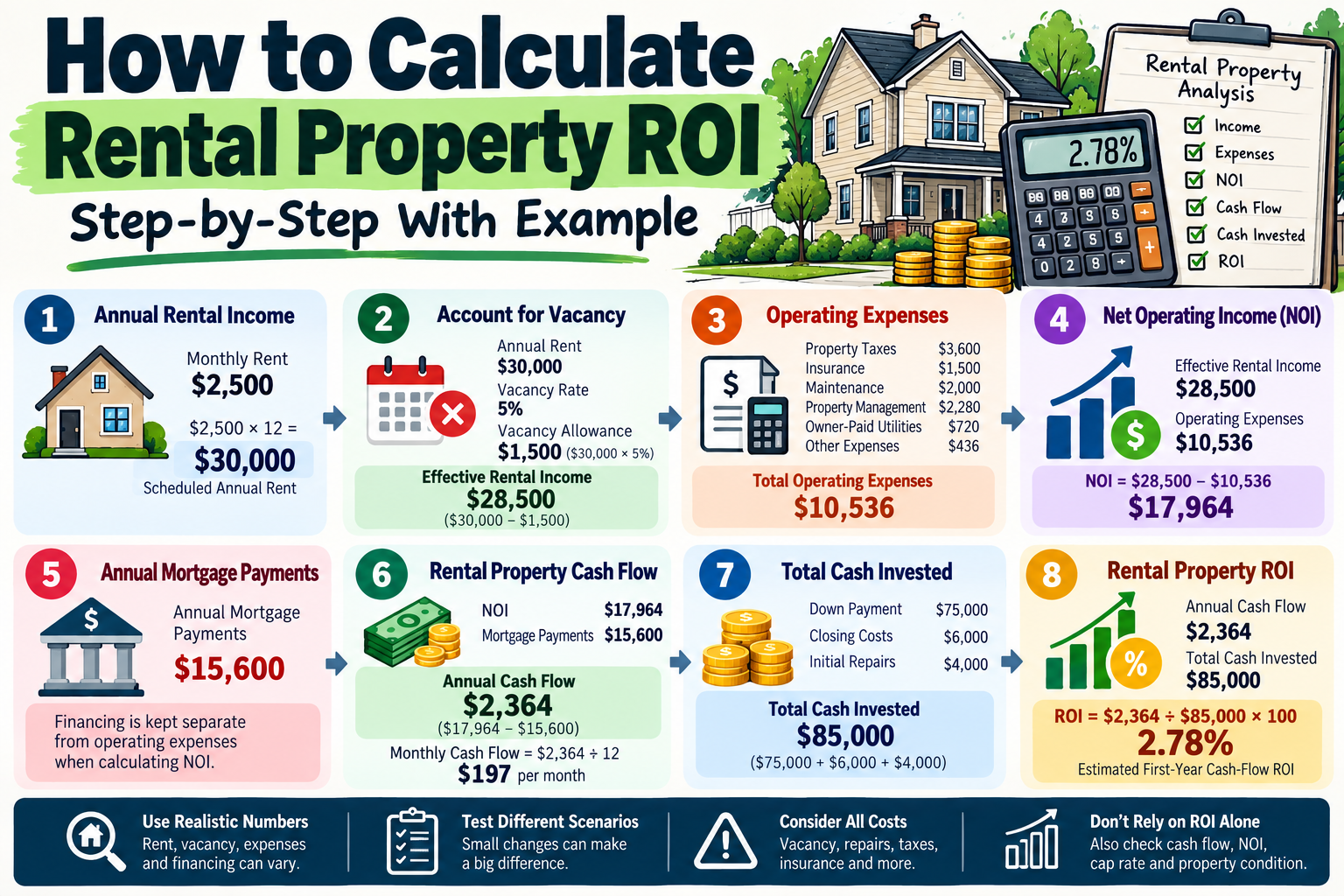 How to calculate rental property ROI using rental income, vacancy, expenses, NOI, cash flow and cash invested