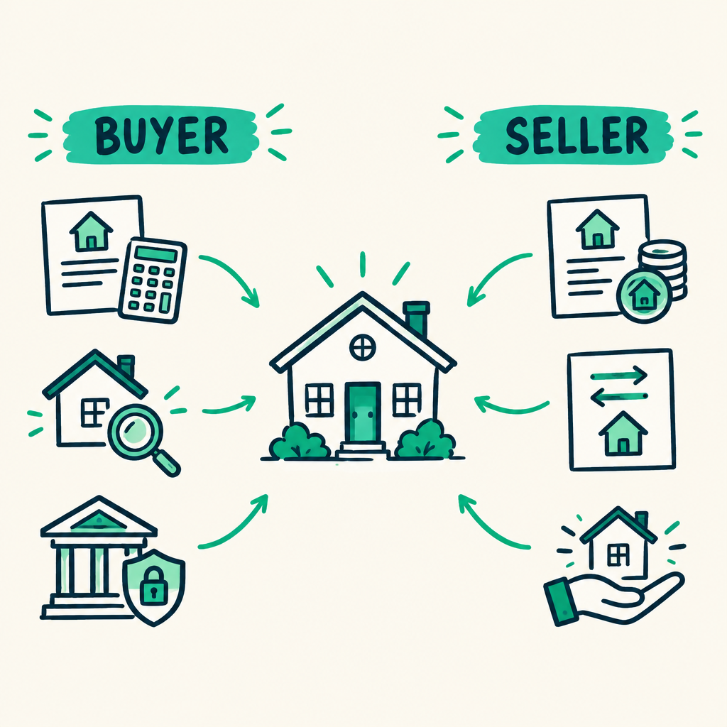Hand-drawn comparison of U.S. buyer and seller closing costs, with a house and transaction documents